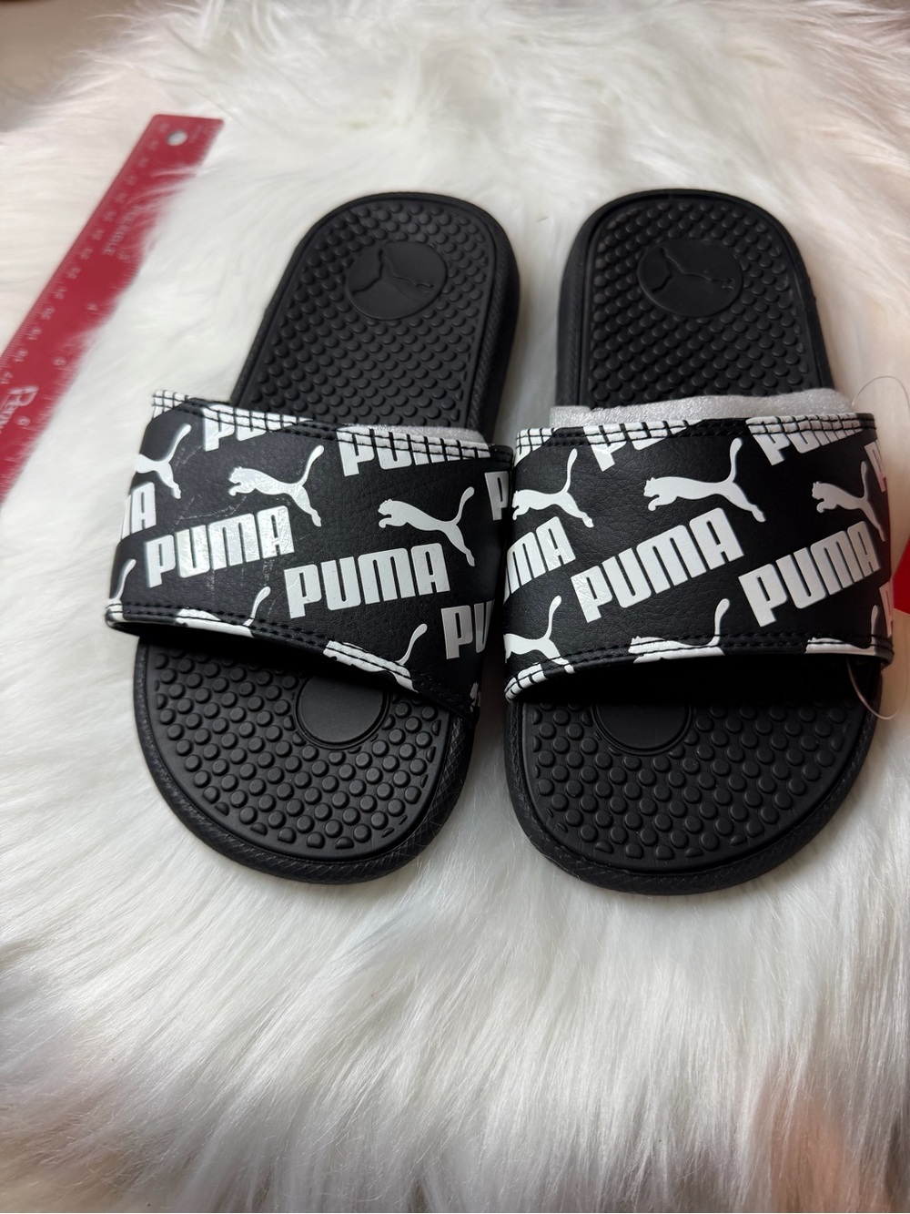 Puma Black and White Kids Slide Sandals with Logo Strap